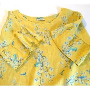 BELLAMBRA Linen Top Blouse L Made Italy Bell Sleeve Hummingbirds Butter Yellow